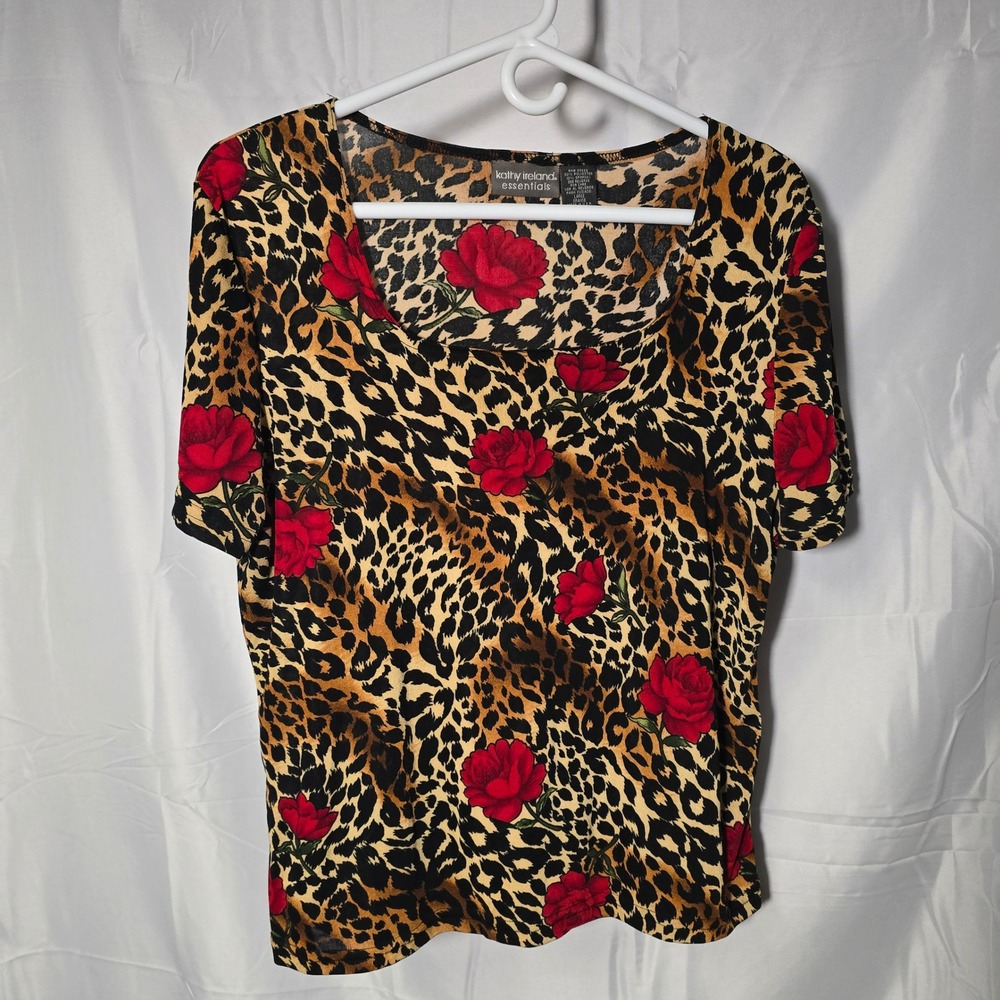 Y2K Kathy Ireland Womens Large Leopard Rose Print Top Short Sleeve
